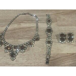 VTG Root beer Glass Jewelry Set Faux Topaz and Rhinestones UKM Granny Core